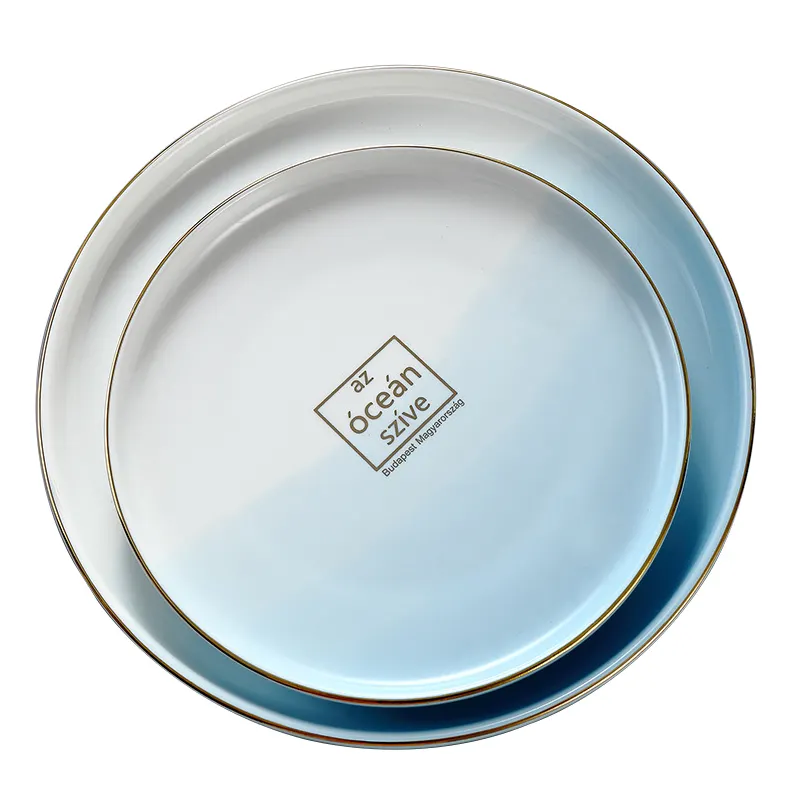 Estilo fresco de cerámica de porcelana blanca azul placa redonda con borde de oro para boda desayuno placa 8/10 pulgadas