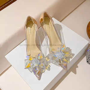 Factory Wholesale of Fashion Transparent High Heels Female Thin and Pointy Champagne Wedding Shoes - Product Image 1