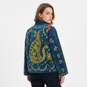 Vintage Embroidered <b>Tweed</b> <b>Women's</b> Blazer Patchwork Pattern Stand Collar Full Sleeve Autumn Wear Cotton Reversible Breathable - Product Image 1