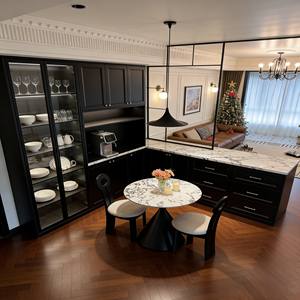 High-End Black Dining <b>Sideboard</b> - <b>Glass</b>-Front Cabinet & LED Lighting, Marble Backsplash + Bar Hub for Modern Luxury Homes - Product Image 3