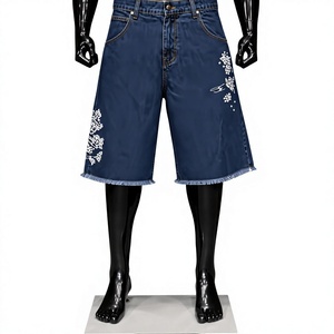 Shorts de Mezclilla Azules Holgados con 5 Bolsillos, Bordados y Costuras en Contraste, Cintura Media, para Verano - Product Image 1