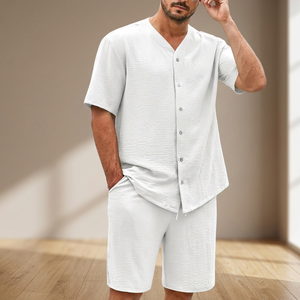 Men's <b>White</b> V-Neck Button-Up <b>Short</b> Sleeve Shirt and <b>Shorts</b> Set Breathable Cotton Loose Fit Summer Outfit - Product Image 3