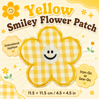Patch floral en vichy jaune de 11,5 cm, applique brodée thermocollante pour vestes, sacs, chapeaux, vêtements pour enfants, artisanat et décoration DIY.