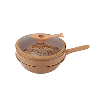 34cm clay frying pan Nonstick Coating Energy Saving Smokeless Cooking Wok with Steamer