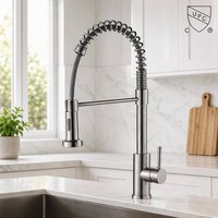 Grifo de cocina KIDOIR Spring comercial con pre-encerado, cabezal de pulverización de doble fila, acero inoxidable, monomando, acabado en níquel cepillado, cUPC