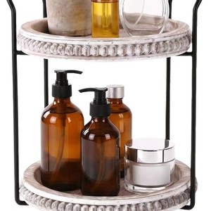 Wooden Rotating Desktop <b>Storage</b> <b>Tray</b> Round 2 Tier Distressed Finish For Bathroom Kitchen Countertop Organization - Product Image 5