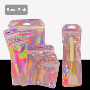 Yantuo Customized logo Pink Rainbow Reusable Zip Lock Plastic Laser Holographic Makeup Bag Hologram Zipper Bag