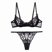 S-XL Lingerie renda tipis hitam dan putih Set tembus pandang seksi untuk wanita dengan bordir pita dekorasi bunga mewah
