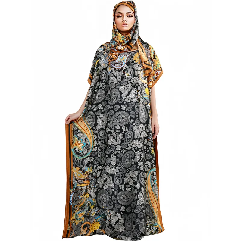 Femmes africaines Imitation Soie Imprimé Maxi Robes Avec Écharpe Mode Deux Pièces Un Ensemble Robes De Chambre Pour Femmes Caftans En Soie