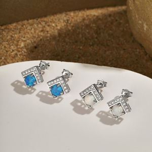 Dylam New Design Women Daily Jewelry 925 Sterling <b>Silver</b> Diamond 5A Zirconia Square Blue White Synthetic Opal <b>Stud</b> Earrings - Product Image 2