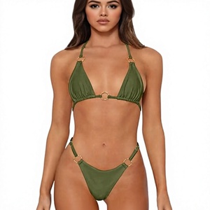 Sexy Olive Green <b>Bikini</b> Set Crossed Halter Tie Back Solid Color Stretch Spandex Two Piece Swimwear Thong Bottom - Product Image 1