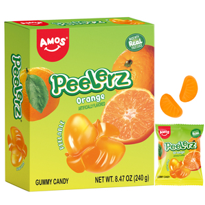 Amos Peelerz Sweets, Golosinas con Sabor a Naranja, 240g, Paquete Individual para Compartir, Caramelos de Goma Pelables - Product Image 1
