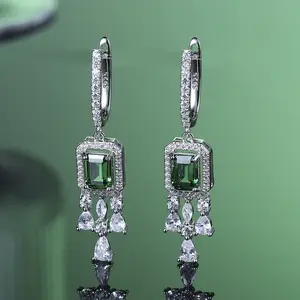 Fashion Women Created Gemstone Square Emerald Dangle Tassels S925 Sterling Silver Earrings