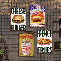 Panneau métallique rétro Popcorn Cheese Burger French Fries Décoration de restauration rapide pour la cuisine Diner Art mural Plaque de restaurant vintage