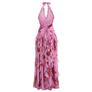 Elegante cuello Halter Floral Ruffle Maxi vestido sin mangas de flores sin espalda Slit Beach Holiday Party vestido largo ropa de mujer - Product Image 5