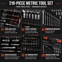 Boîte à outils de réparation automobile durable en acier au chrome-vanadium de 216 pièces, douilles de type E, clé à douille, certifiée CE, pour l'entretien de garage