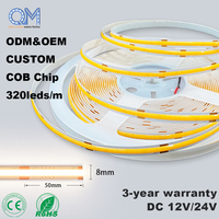 Tira de Luz LED COB Delgada de 8mm sin Puntos, 3000K Blanco Cálido Uniforme, Cinta Flexible para Iluminación de Isla de Cocina