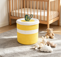 Panier de rangement en corde de coton en gros avec couvercle, bac de rangement rond pour jouets d'enfants, organisateur tressé jaune et blanc pour chambre d'enfant et chambre à coucher