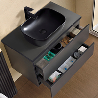 Meuble-lavabo mural flottant moderne et minimaliste de style nordique, gris anthracite poli, avec vasque à poser, pour salle de bain ou chambre