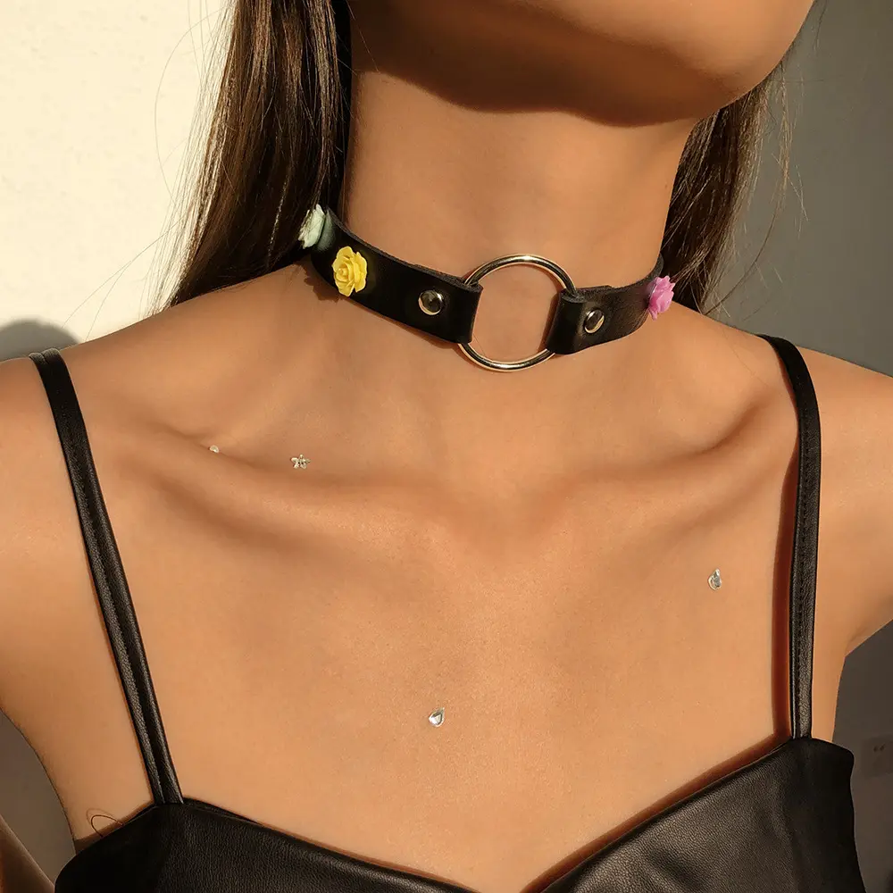 Go Party Punk Perhiasan Gothic Keling PU Kulit Kerah Choker Kalung Wanita Klub Malam Kepribadian Warna-warni Resin Bunga Kalung