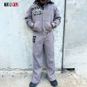Two Piece <strong>Men's</strong> Hoodies Set High Quality Designer <strong>Clothes</strong> Custom Zip up Hoodies and Wide Leg Straight Stacked Sweat Pants - Product Image 2