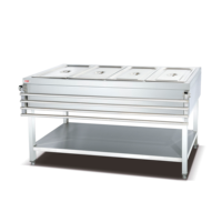 Bain-marie professionnel robuste en acier inoxydable OUTE 4 bacs, sur pied, avec armoire de rangement pour restaurant