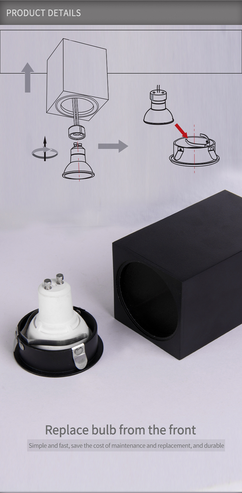 Black GU10 Cylindrical Square Surface Mounted Downlight 70x70xH115mm