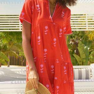 Vestido de Lino y Algodón Bordado Personalizado, Elegante, Cuello en V, Casual, Corte en A, Mangas Cortas, con Volantes, Midi, de Verano, para Mujer - Product Image 1