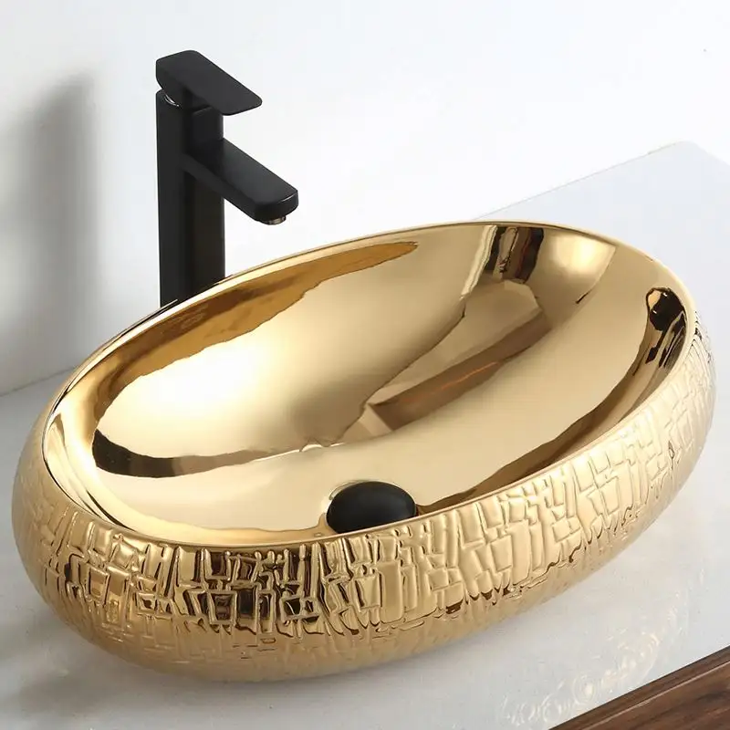 GX2164 chine en gros art évier en céramique salle de bain vanité de luxe lavabo prix ovale table haut or lavabo