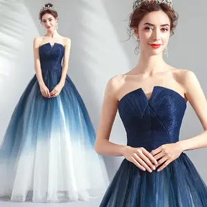 Sexy Strapless Gradient Blue Long Plus Size Elegant Party Formal Gowns Performance Women Evening Dresses