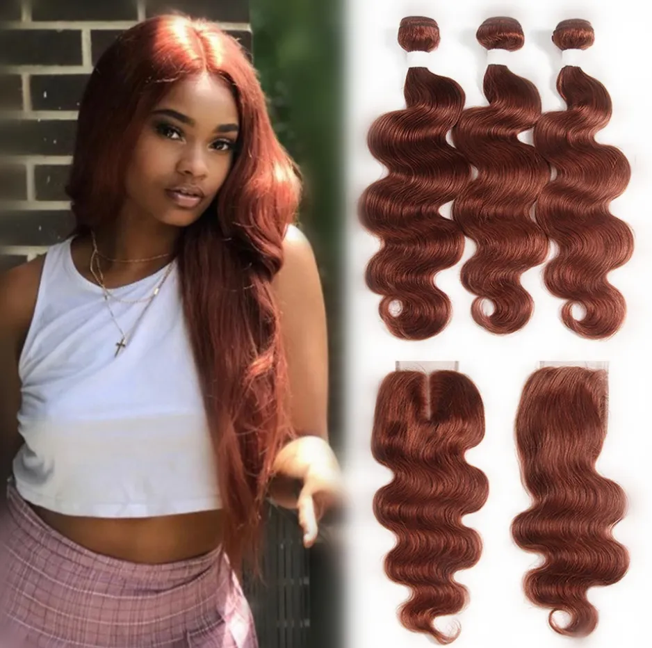 Wholesale color #33 22 inch body wave Indian human hair weave extension copper red bundles weaving with lace frontal