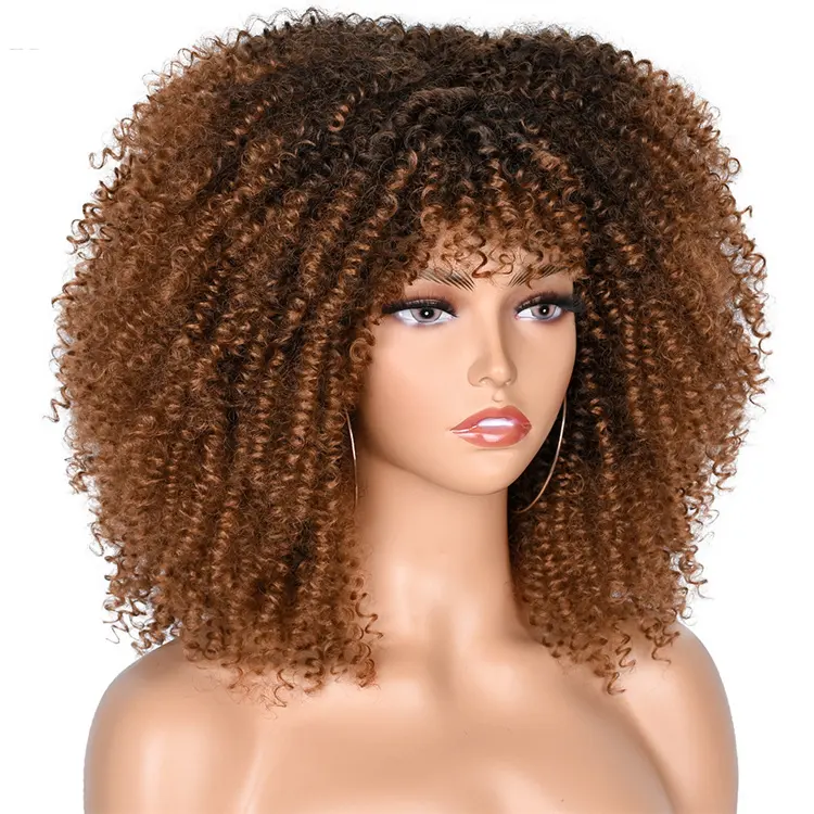 African Synthetic Ombre Brown Cosplay Wig Short Afro Kinky Curly Wigs With Bangs