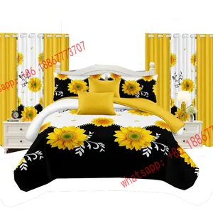 Wholesale bed sheet set with curtains and pillow Microfiber Polyester print design comforter set with matching curtains