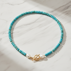 Turquoise Beaded Necklace Pearl Toggle Choker Boho Style Summer Gemstone Minimalist Design Jewelry Necklaces - Product Image 2