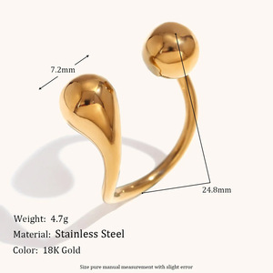 18K Gold Plated Stainless Steel Polished Teardrop Sphere Open Adjustable Minimalist Curved <b>Statement</b> Stackable <b>Ring</b> For Women - Product Image 2