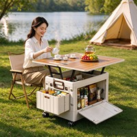 Chariot de camping pliable d'extérieur avec table réglable et quatre roues, chariot de rangement pliable