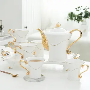 Newell New Style Modern White and Gold Royal Luxury Afternoon Ceramic Tea and Coffee Set Arabic Tea Set with Gift Box