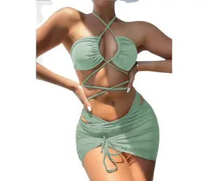 FENGFAN 2024 Hot Sell Push Up Bikini Set+ Sarong Beachwear Women Summer Three Piece Swim Set Print Brazilian Monokini Sarong