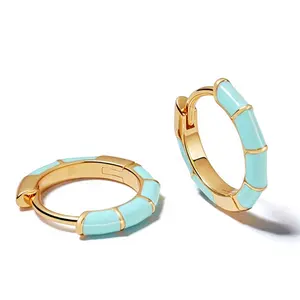 Milskye Fashion Fine Jewellery 18k Gold Plated Bamboo Enamel Turquoise Teal Stripe Huggie Hoop Earring