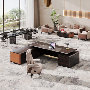 Set Scrivania Direzionale Moderna, Tavolo Lussuoso in Legno per CEO con Sedia in Pelle Abbinata - Product Image 4