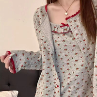 Ensemble de pyjama 3 pièces vintage pour femme style coréen, imprimé floral, en coton, avec dentelle douce, manches longues, collection automne 2026, vêtements d'intérieur et de nuit