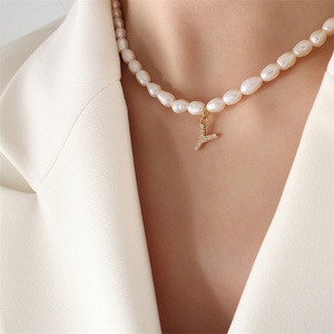 Wholesale Natural Pearl Chain Gold Plated Full Diamond Letter Pendant <b>Necklace</b> - Product Image 2