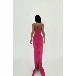 Vestido de Fiesta de Satén Fucsia, Estilo Vintage, Cuello Alto, Mangas Cortas, Silueta en A, Largo hasta el Suelo, Talla XL, Detalle de Cuentas - Product Image 3