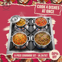 Batterie de cuisine moderne 8 pièces en acier inoxydable écologique et léger, comprenant des casseroles lisses de 16, 18, 20, 22 cm, compatible induction, pour la maison
