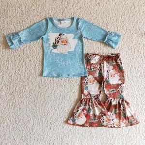 RTS PAS DE quantité minimale de commande Petite fille Boutique Bleu Noël père noël imprimer automne tenues enfants en gros enfant en bas âge fille enfant vêtements - Product Image 1