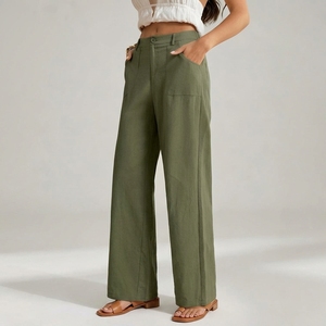 Pantalones Anchos de Mezcla de Algodón y <span class=keywords><strong>Lino</strong></span> para <span class=keywords><strong>Mujer</strong></span>, Cintura Alta, Bolsillos Grandes, Transpirables, Rectos, Casuales, para Vacaciones - Product Image 3