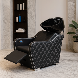 Sillón de Peluquería Contemporáneo de Cuero PU Negro con Lavabo de Cerámica y Reposapiés Plegable, Muebles de Salón - Product Image 1