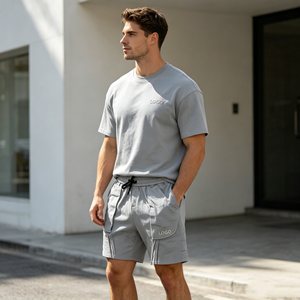 Conjunto de 500g para hombre, superventas, con camiseta de cuello redondo con relieve, ropa casual de verano, tejido de punto, 100% algodón, color liso, conjunto de dos piezas para hombre - Product Image 5