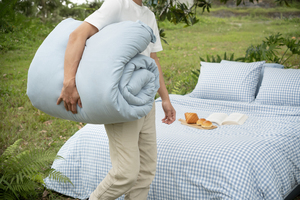 ชุดเครื่องนอนผ้าฝ้ายคุณภาพสูง 32s สีฟ้าลายตารางกิ๊งแฮม ผ่านกระบวนการ Stone-Washed เนื้อผ้านุ่มละมุนต่อผิว - Product Image 3