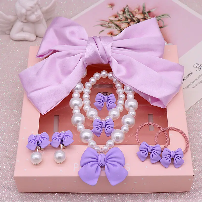 Fashion children's necklace set large bow hair clip top clip hair clip Japanese girls jewelry set